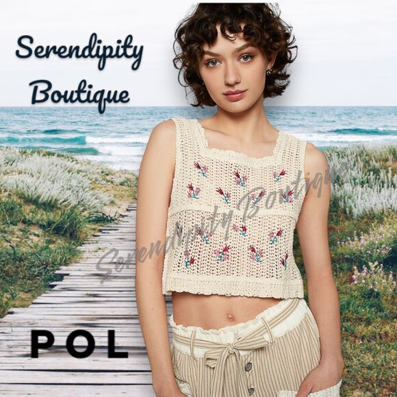POL Natural Sand Crochet Embroidered Floral Boho Cotton Crop Tank Top - Picture 1 of 9